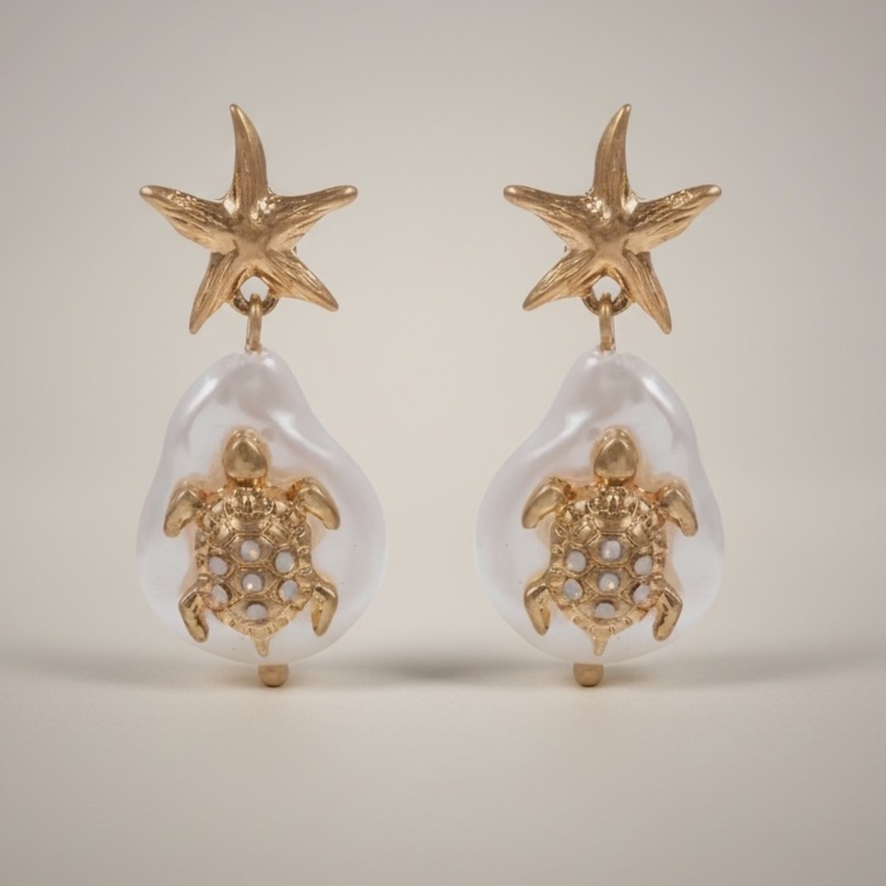 Vintage Gold Turtle Pearl Drop Earrings • Hypoallergenic Titanium Posts